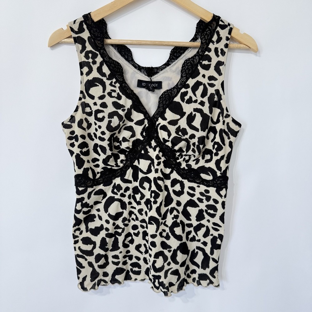 Ideology Leopard Print Lace Trim Tank Top Women Large Cream Black